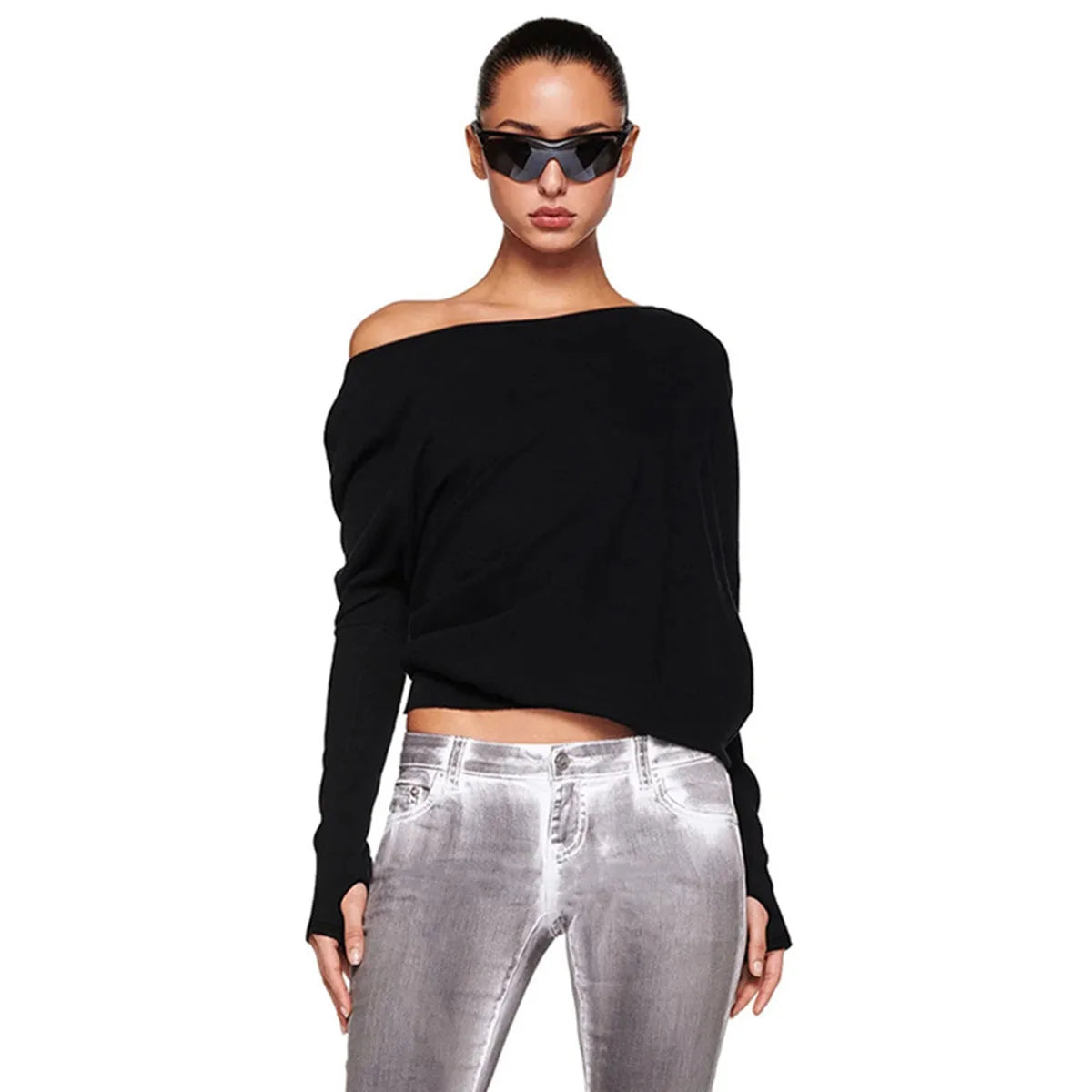 Sexy Elegant Long Sleeves Top Irregular One Shoulder Women Tops T Shirt Birthday Party Club Date Casual Office Clothes