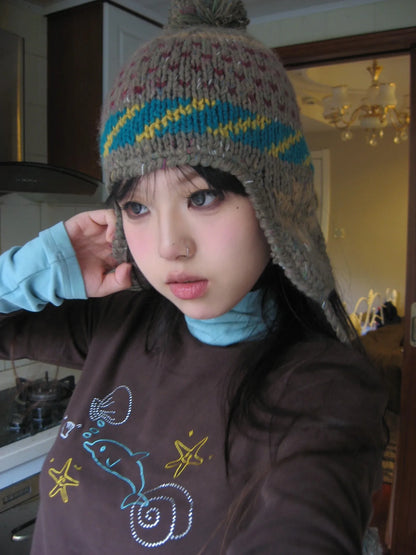 Karrram Japanese Y2k Turtleneck T-shirt Grunge Aesthetics Patchwork Tops Vintage Diamond Print Long Sleeve Tshirt Harajuku 2000s