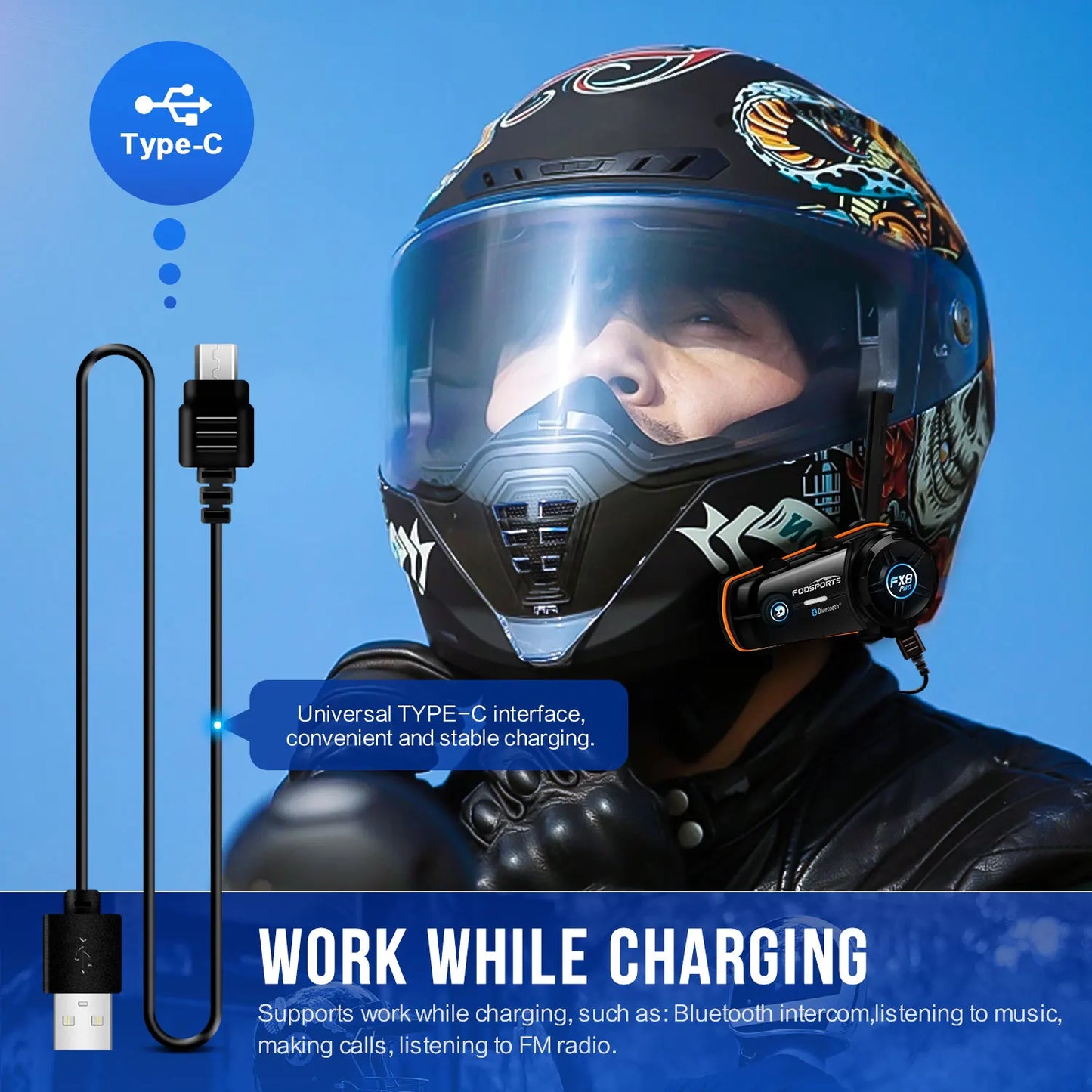 2pcs Fodsports FX8 Pro Motorcycle Helmet Intercom Bluetooth Headset Interphone,10 Riders 2000M,Dual Chip,Support APP.