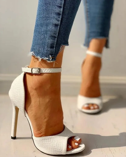 Dress Wedding Shoes Women Ankle Strap Peep Toe High Heel Sandals Sexy White Super High Heels Buckle Snake Pattern Woman Pumps