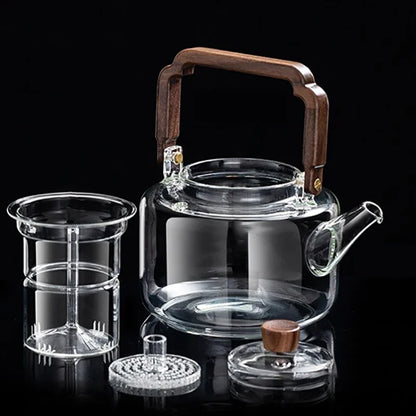 JUSTINLAU 1.3L Glass Teapot Integrated Steaming&Boiling Kettle with Thickened Filter&Wooden Handle Household Kung Fu Tea Set
