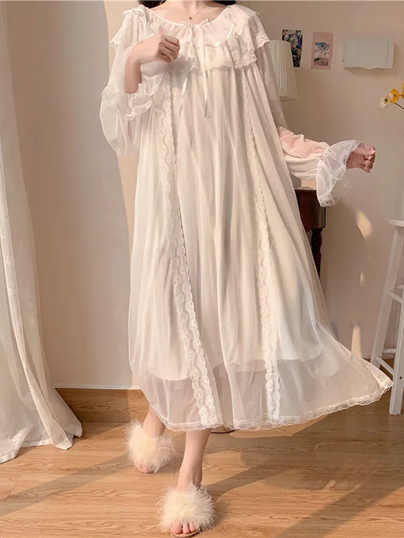 Women Ruffles Vintage Nightgowns Lolita Princess Sleepwear White Lace Mesh Fairy Night Dress Victorian Nightdress Loungewear