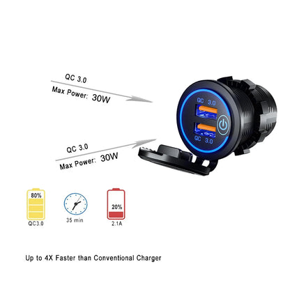 60W 2-port USB Fast Charging Socket Power Outlet Car Modified Charger QC3.0 With Touch Switch for Auto Motorcycle Accessories