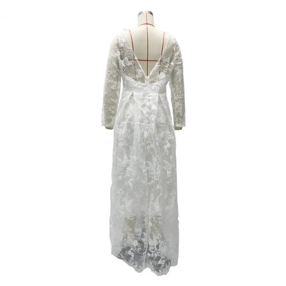 Detail Lace Cocktail Party Dress Floral Embroidere Maxi Dress Women Wedding Bride Dress Lace Long Sleeve Back Zipper Lace
