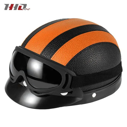 Retro Leather Half Helmet with Ear & Neck Protection - All-Season Cycling Safety Helmet