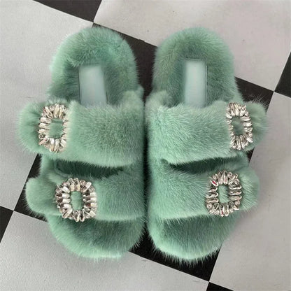 Summer Women Mink Fur Slippers Woman Luxury 2026 Women's Sandals Outdoor Fashion Casual Shoes Fur Mule Shoes Opentoed Slides