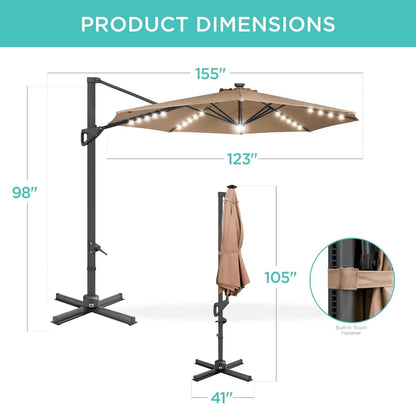 10ft Solar LED Cantilever Patio Umbrella, 360-Degree Rotation Hanging Offset Market Outdoor Sun Shade for Backyard,, Customized