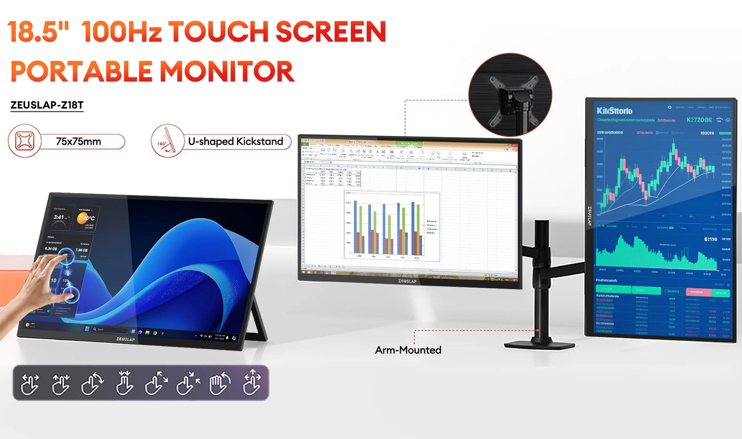 ZEUSLAP 18.5" Touch Screen Portable Monitor 100Hz 100% sRGB With Screen Holder Stand For Laptop Phone Xbox PS4 PS5 Switch