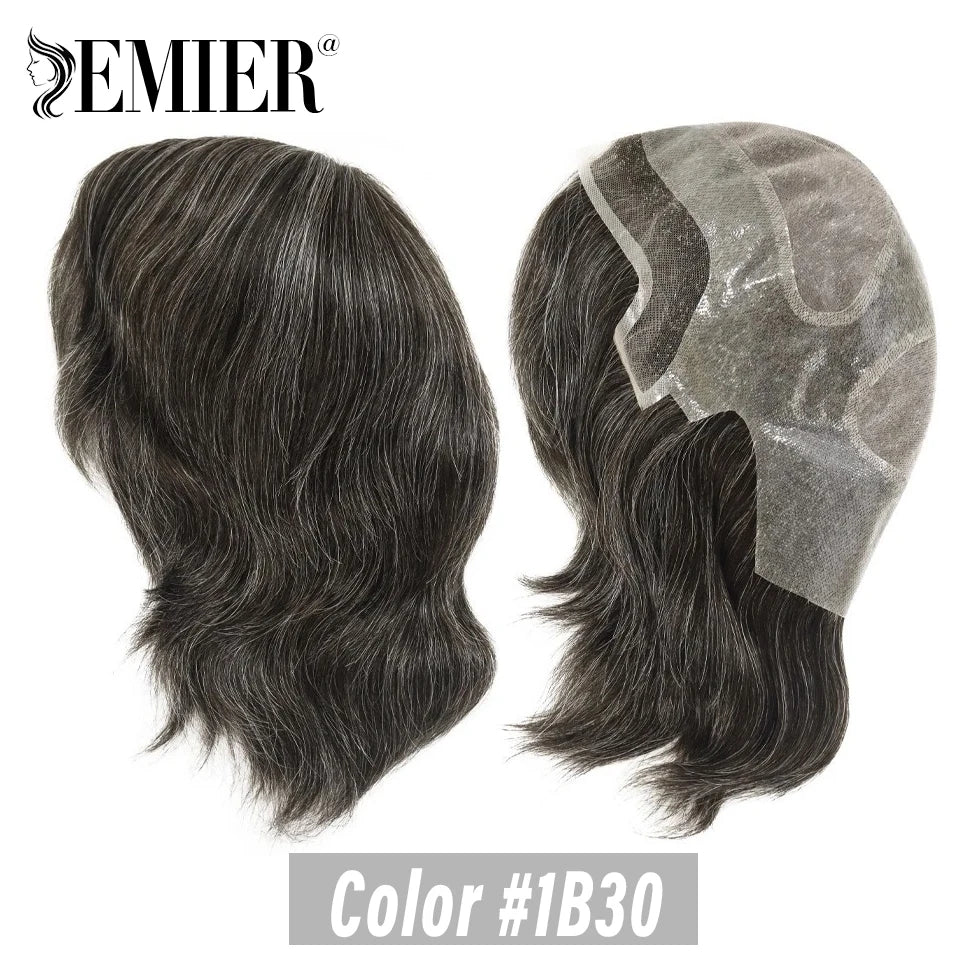 Full Head Wig For Men 6" Natural Straight Fine Mono With Pu Cap Men Wig 1/2" French Lace in Front Indian Human Hair Wig For Men