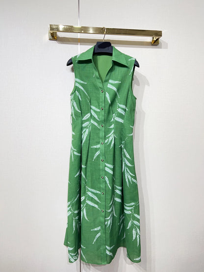 ZJYT New Summer Women's Sleeveless Green Dress Elegant Print Single Breasted Casual Holiday Midi Dresses Vestidos Female Clothes
