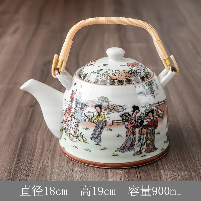 Household Porcelain Teapot Ceramic Large Capacity Pot Blue and White Retro Loop Handle Beam
