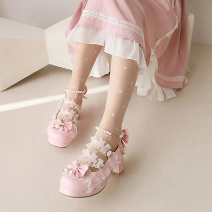 Cross Strap Women High Heels Mary Jane Pumps Party Wedding Cosplay White Pink Black Strawberry Bow Princess Cosplay Lolita Shoes