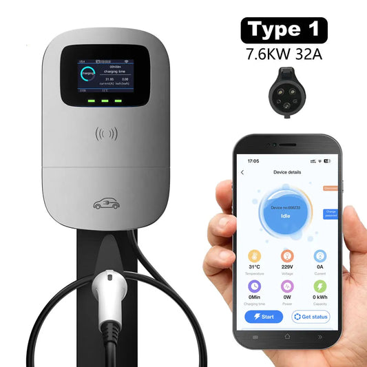JIGU SAE J1772 EV Charger Type 1 Wallbox Electric Vehicle Charging Station EVSE 7KW 32A 220V 1 Phase Car Charger With Screen