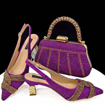 Venus Chan 2024 Special Design High Quality Orange Color African Women Shoes and Bag Set with Shinning Crystal for Wedding Party