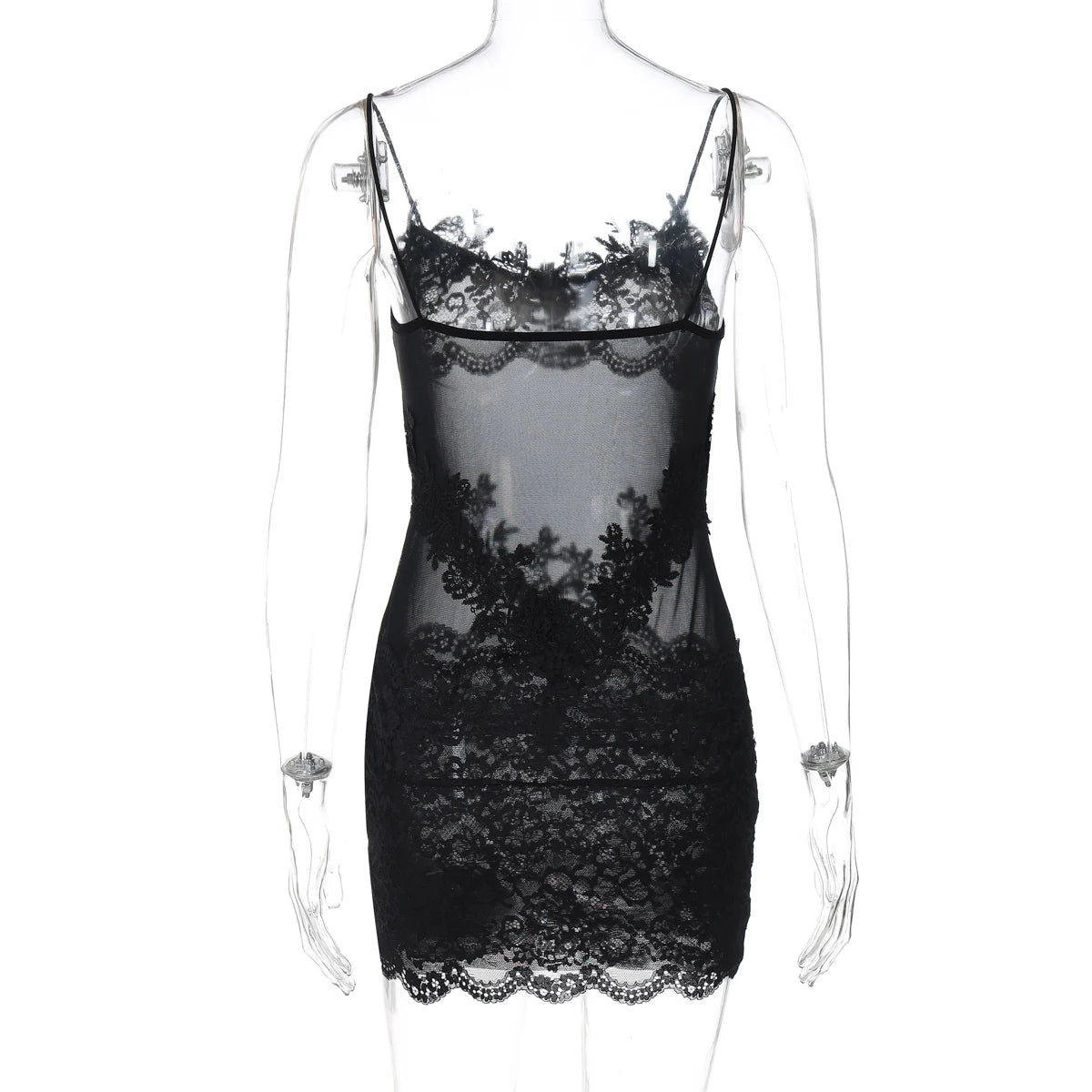 Hugcitar Women'S Fashion Lace Solid Slips Patchwork Sexy Slim See Through Mini Dress Summer Vacation Party Night Club Outfit