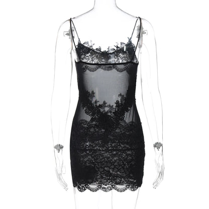 Hugcitar Women'S Fashion Lace Solid Slips Patchwork Sexy Slim See Through Mini Dress Summer Vacation Party Night Club Outfit