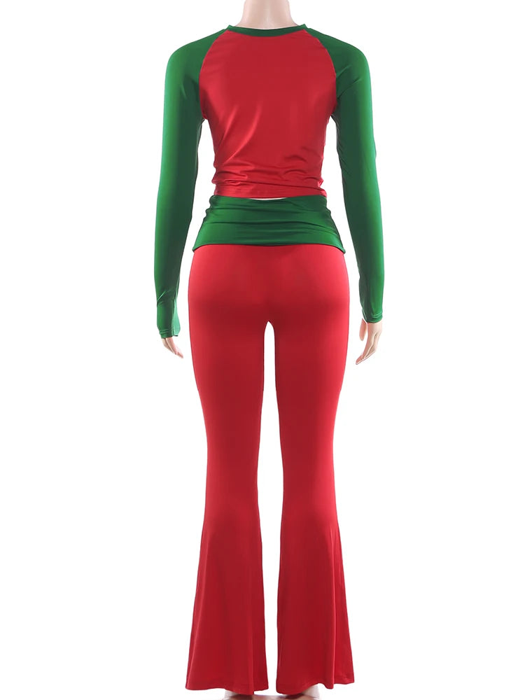 Nibber Christmas Party 2Piece Set Woman Contrast Patchwork o-Neck Full Sleeve Crop Tops+High Waist Long Pant Casual Fashion Suit