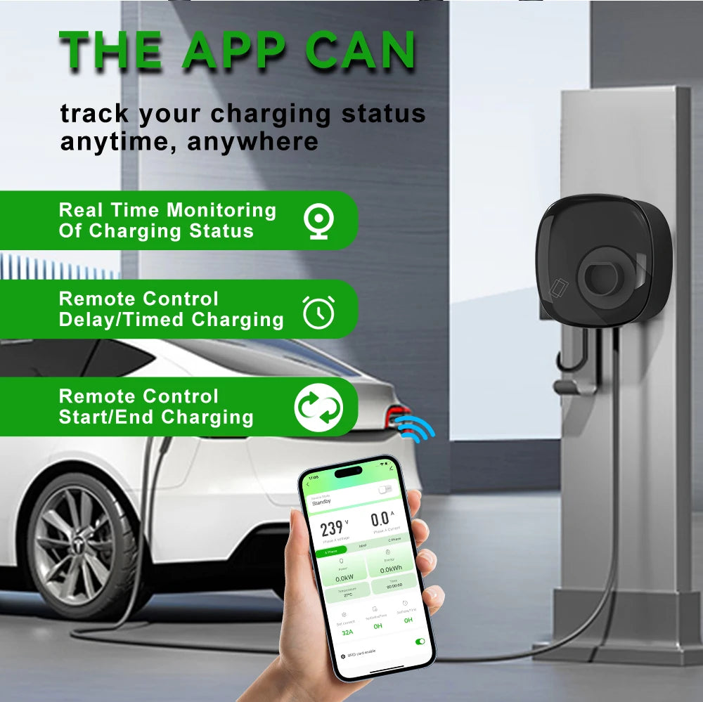 ADPOW 3Phase Type2 EV Charger Station 5M Cable 11kW / 22kW EVSE Charging Wallbox With APP Control Adjust Current Set Delay Time