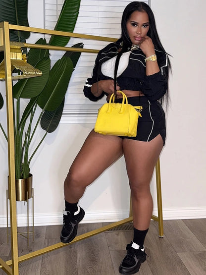 Weird Puss Casual Sporty 2 Piece Set Women Zipper Cardigan Polo-Neck Jacket+Drawstring Skinny Shorts Daily Fashion Tracksuits