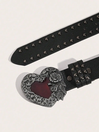 1Pcs Rose essential oil droplet heart-shaped leather belt, rivet decoration, Y2K punk gothic rock hip-hop style，spring，summer