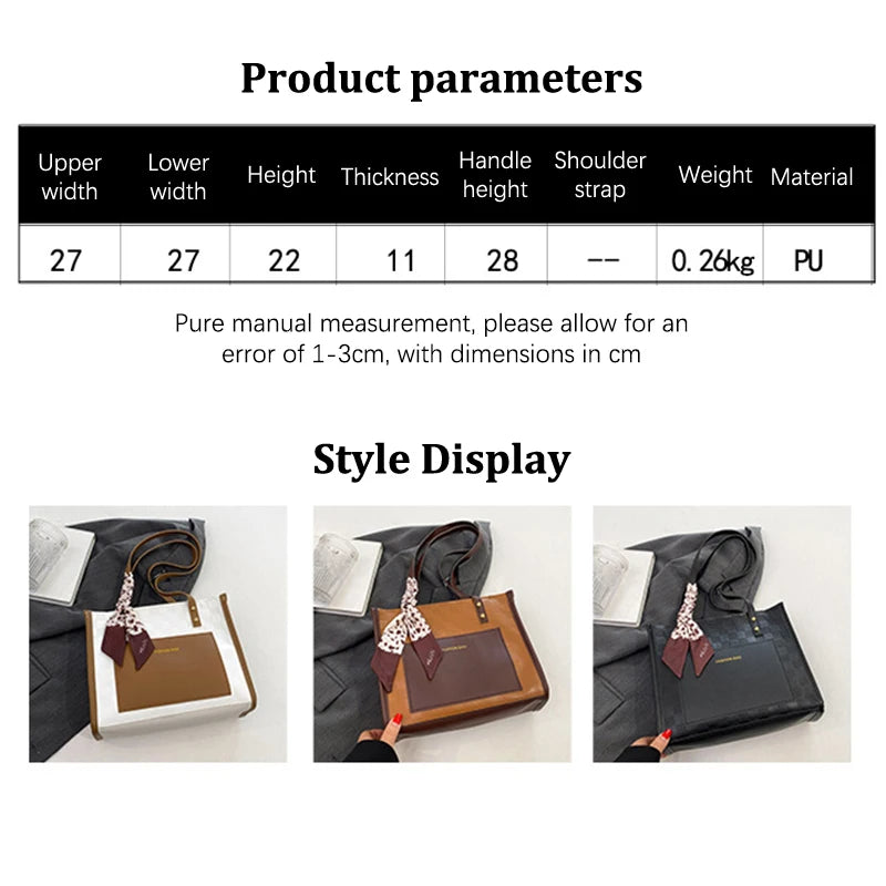 Patchwork Contrast Color Handbag Women's Casual Fashion Tote Bag Large Capacity Single Shoulder Bag Women's Silk Scarf Bag