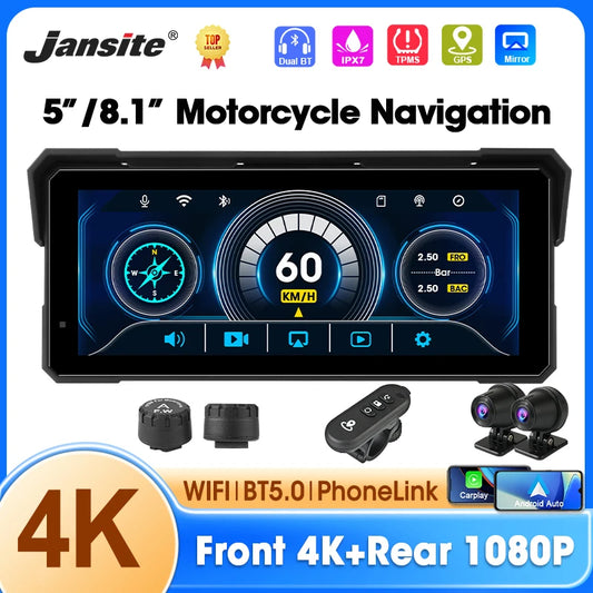5/8.1 inch Motorcycle Carplay GPS Navigation Wireless Carplay Android Auto IPX7 Waterproof Support 4K+1080P Dual Lens DVR