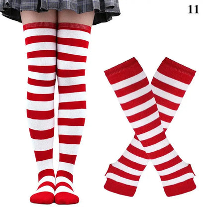 2Pair/Set Women Gothic Punk Over Knee Long Stripe Socks Girl Arm Sleeve Gloves Thigh High Cotton Socks Sweet Cute Christmas Gift