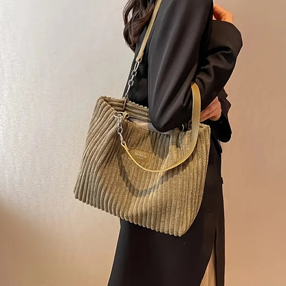 Large Capacity Corduroy Tote Bag Chain Handbag Shoulder Bag for Women, Polyester Lining, Zip Closure, Black, Beige, Khaki, Green