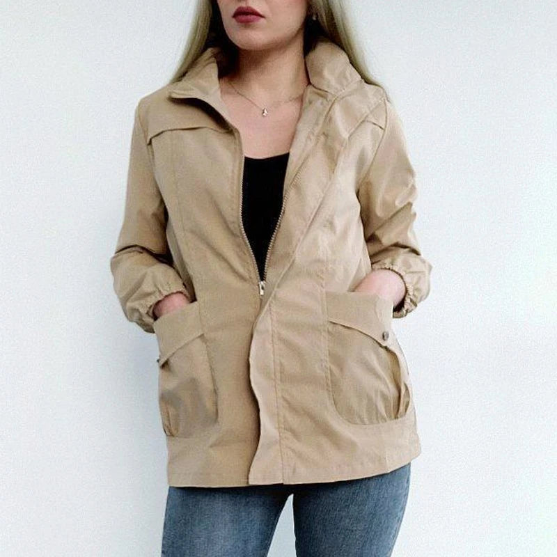 HI-FASHION Women Double Layer Windbreaker Autumn Casual Slim Coat Fashion Plus Size 4Xl Stand-Up Collar Ladies Jacket