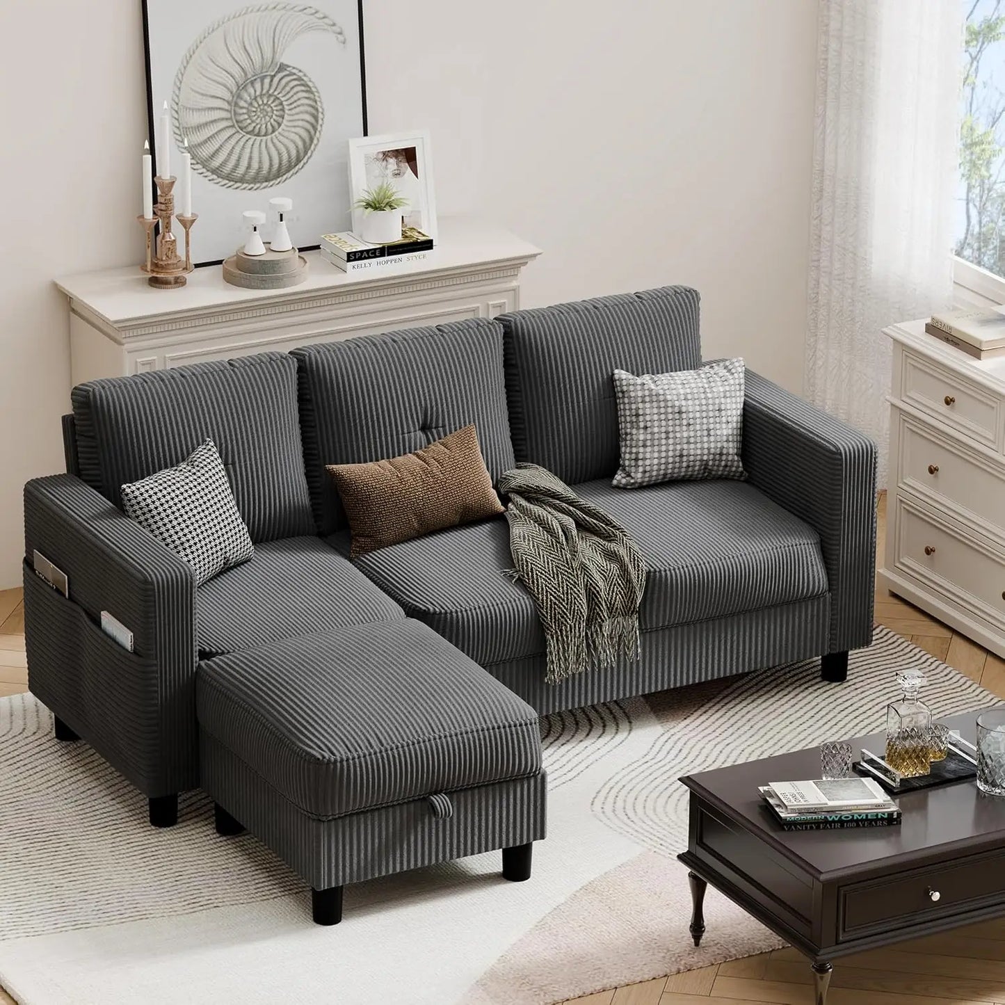 Convertible Sectional Couches for Living Room, L-Shaped Couch 3 Seat Sectional Sofa Set with Corduroy Fabric , Customized