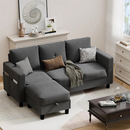 Convertible Sectional Couches for Living Room, L-Shaped Couch 3 Seat Sectional Sofa Set with Corduroy Fabric , Customized