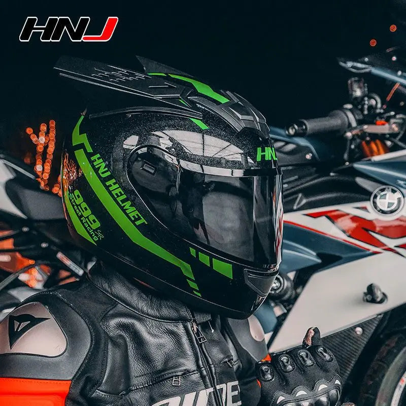 HNJ Men Motorcycle Helmet Women Full Face Helmet Riding Personality Horn Pink Helmet DOT Certification casco moto
