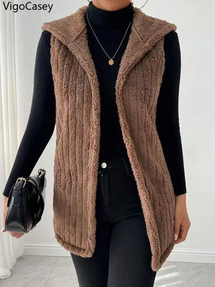 VigoCasey 2025 Autumn Winter Brown Long Thick Vest Coat Woman Sleeveless Plush Warm Waistcoat Lady Hooded Casual Vest Jacket