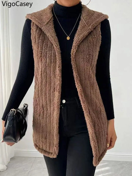 VigoCasey 2025 Autumn Winter Brown Long Thick Vest Coat Woman Sleeveless Plush Warm Waistcoat Lady Hooded Casual Vest Jacket