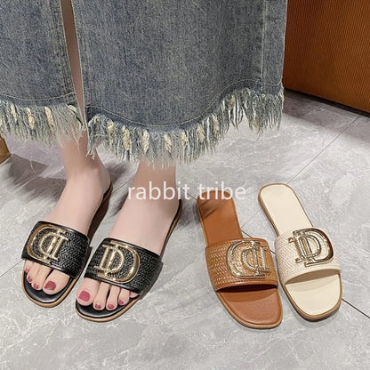 Women Luxury Decor Weave Design Flat Sandals Fashion Open-toe Vacation Casual Slides Party Sexy Elegant Office-Ladies New Shoes