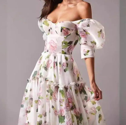 Spring/Summer New Fashion Sexy Off Shoulder Printed Half Sleeves Slim Fit Dress For Women,3 Colors