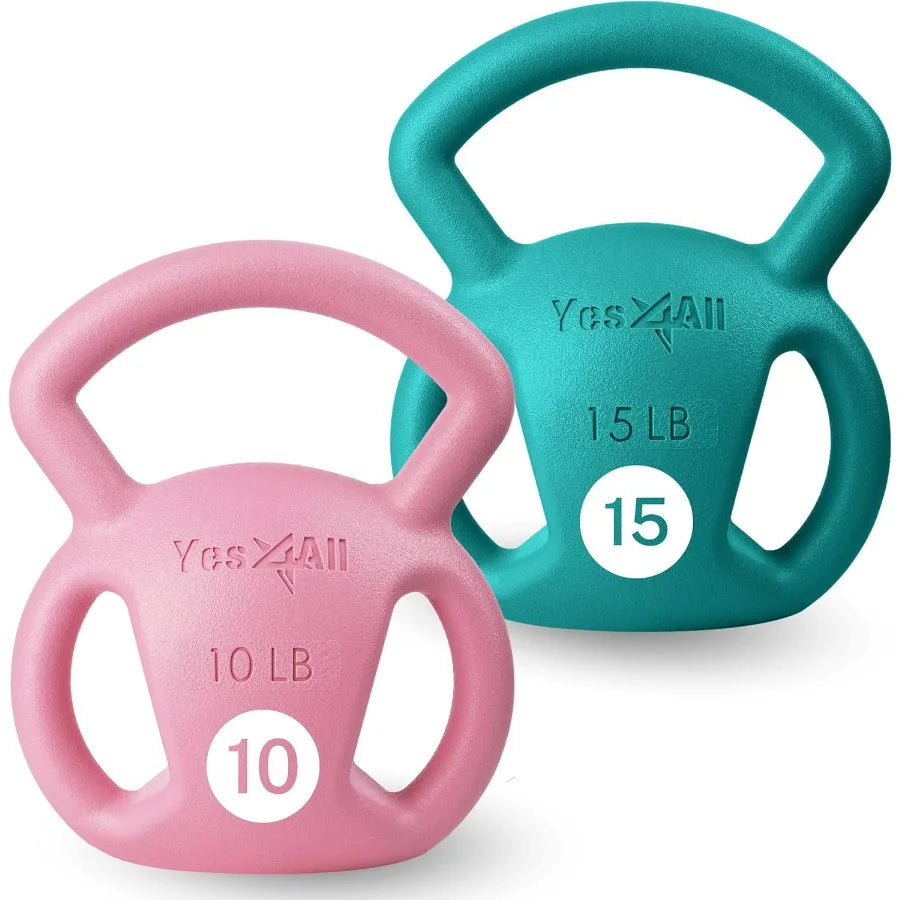 10LB Pink+15LB Green Kettlebell, Strength Training Kettlebells for Women, Wide Multi-grip Textured Handle for Home Gym Exercises