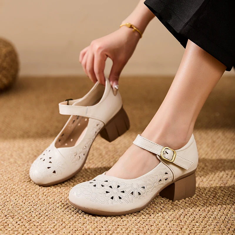 DIMANYU Women Floral Hollow Mary Jane Shoes Genuine Leather Mid Heel Summer Comfort Mother Shoes Ladies Dress Sandals