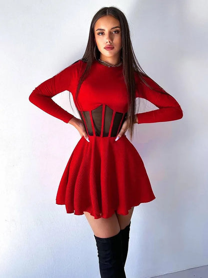 Ahagaga Fashion Solid Women's Mini Dresses A-Line Knitted Sheer Slim Fit Long Sleeves Bodycon O-Neck Party Streetwear Vestidos