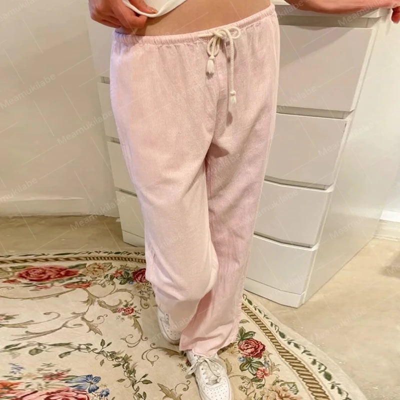 Y2K Vintage Striped Loose Pants Comfy Loung Pants Streetwear Casual Tie Up Waist Wide Leg Trousers Women Pajamas Sleepwear