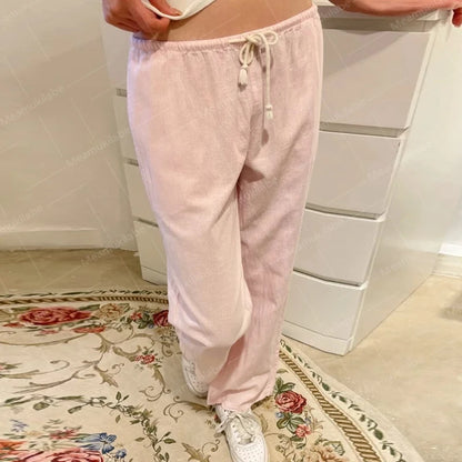 Y2K Vintage Striped Loose Pants Comfy Loung Pants Streetwear Casual Tie Up Waist Wide Leg Trousers Women Pajamas Sleepwear