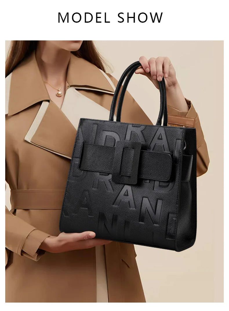 Aidrani women's large capacity handbag with letter print design, made of cowhide material, black