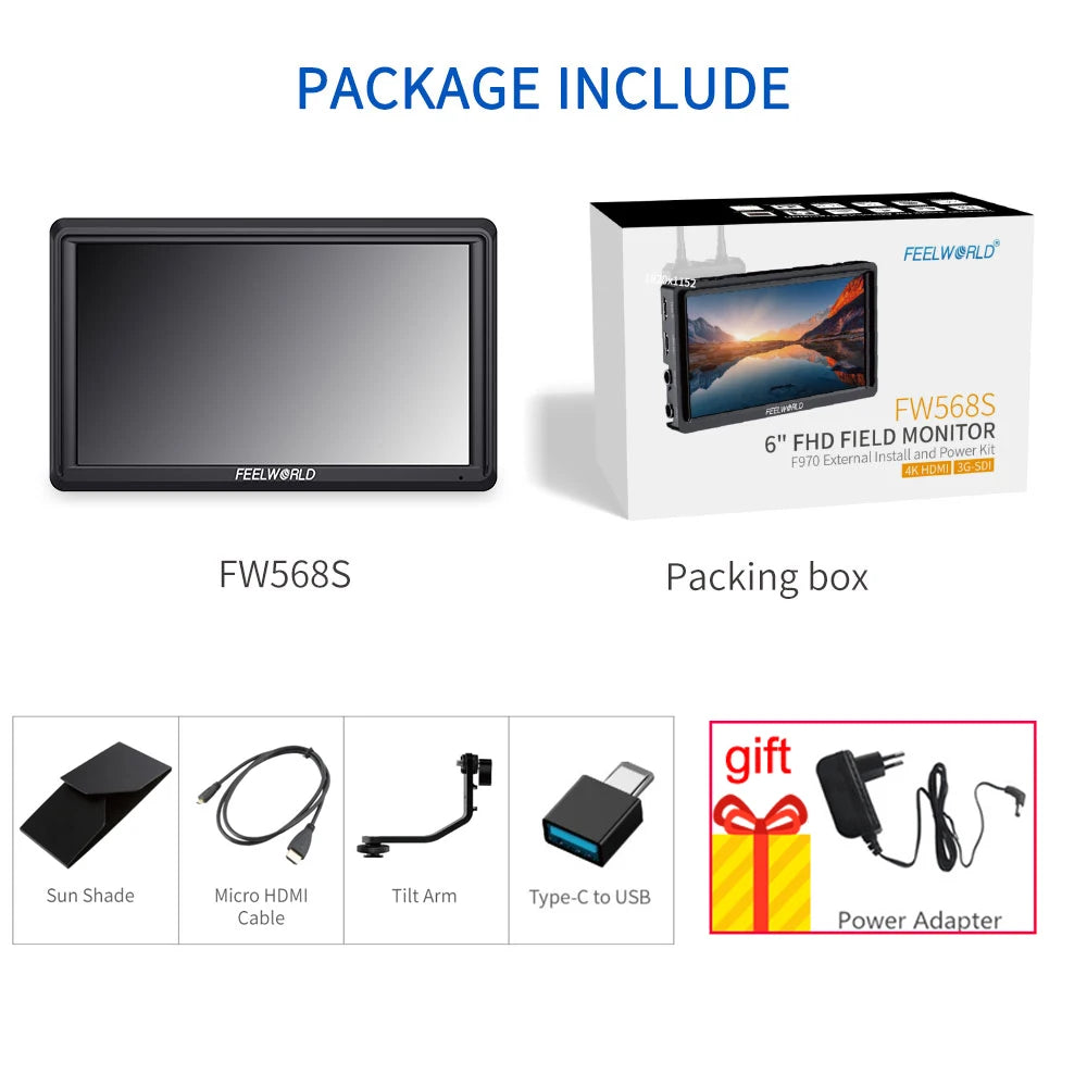 FEELWORLD FW568S 6 Inch 1920X1080 IPS FHD LCD Panel On Camera Field  Monitor 3G SDI 4KHDMI Input Output  for Youtube Gimbal Rig