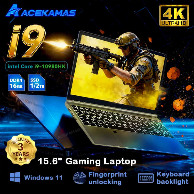 ACEKAMAS 15.6" Portable Gaming Laptop intel Core i9 10980HK IPS Windows 11 Laptops Computer 16GB DDR4 1TB SSD M.2 4K Notebook PC