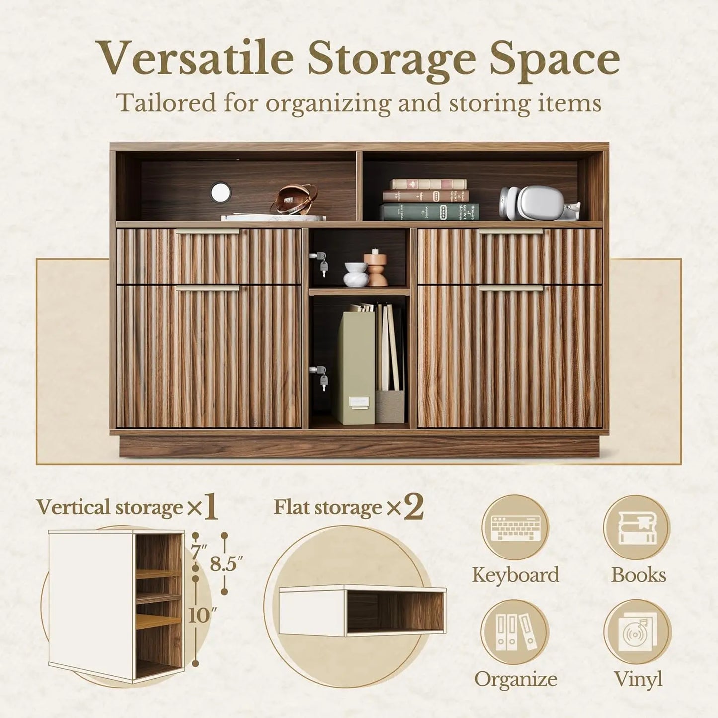 4 Drawer File Cabinet, Fluted Wood Lateral Filing Cabinet with Lock and Charging Station for Home Office, Printer, Customized