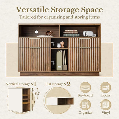 4 Drawer File Cabinet, Fluted Wood Lateral Filing Cabinet with Lock and Charging Station for Home Office, Printer, Customized