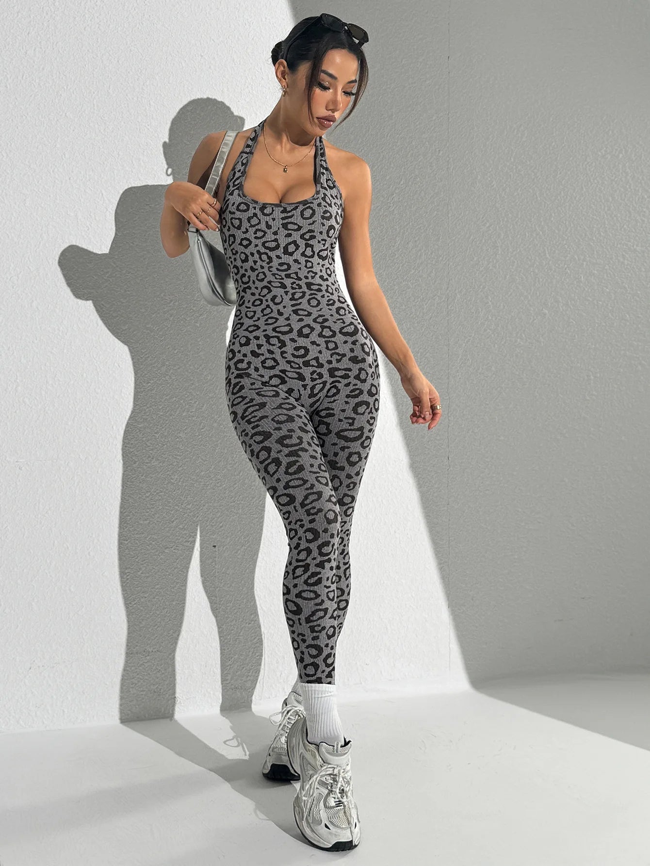Seamless Leopard Print Jumpsuit Women's Tight Fitting Hanging Neck Jumpsuit Hip Lifting and Sexy Shaping Fitness Yoga Outfit