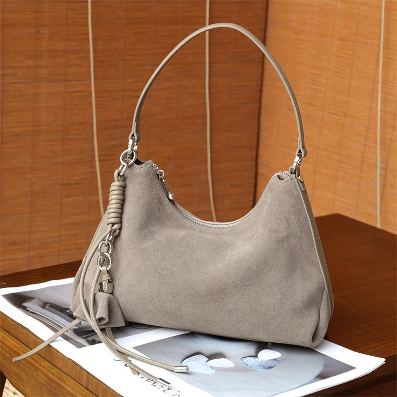 Hifashion Vintage Matte Suede Genuine Leather Underarm Shoulder Bags For Women 2025 Luxury Designer Hobo Tote Ladies Handbags