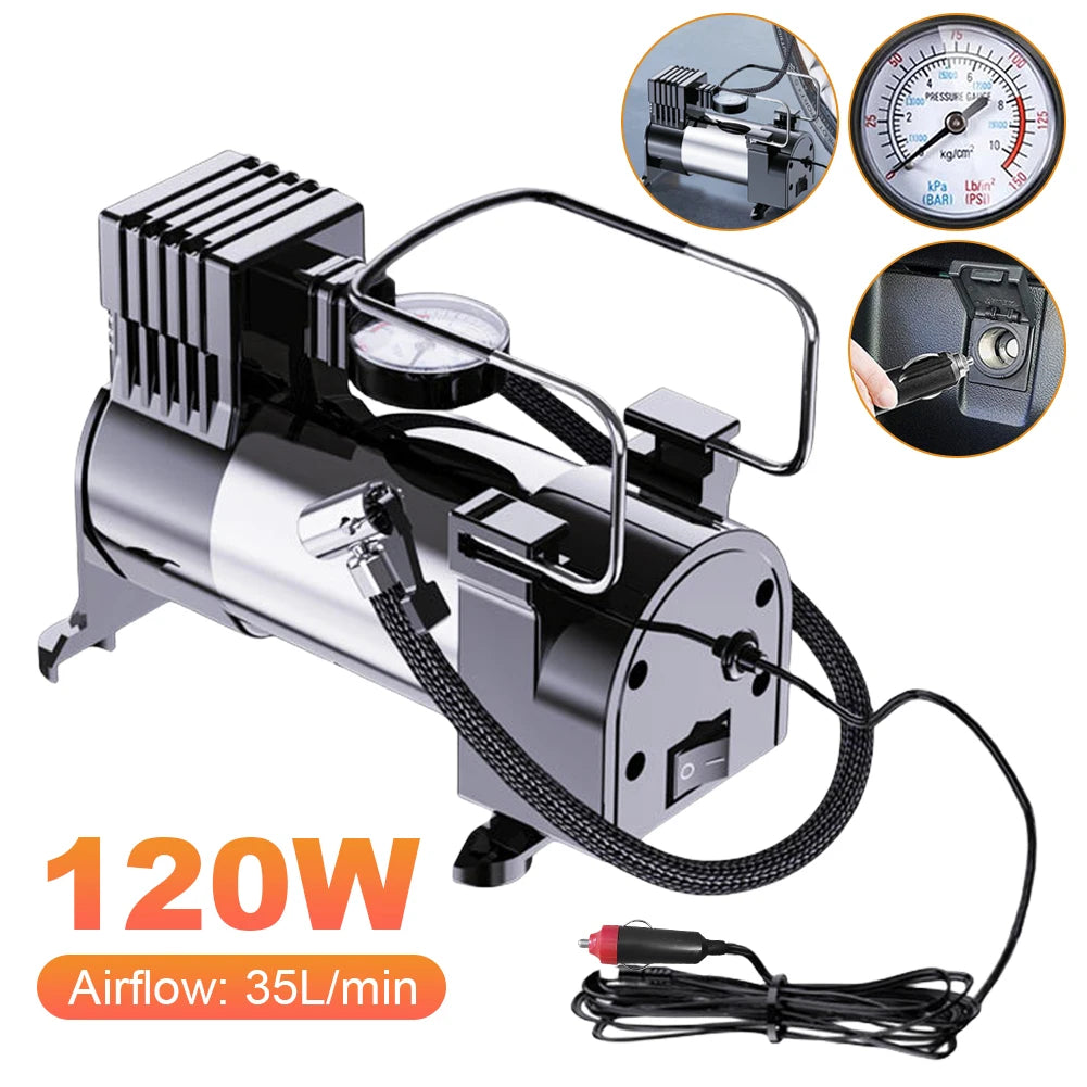 12V Car Tire Pump with Pressure Gauge Heavy Duty Tire Inflator Heavy Duty Deluxe Portable Metal Air Compressor Car Tyre Inflator