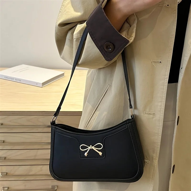 Chic Black Crescent Shoulder Bag for Women Elegant Underarm Purse with GoldenTone Bow Detail Polyester Lined Stylish PU Tote Bag